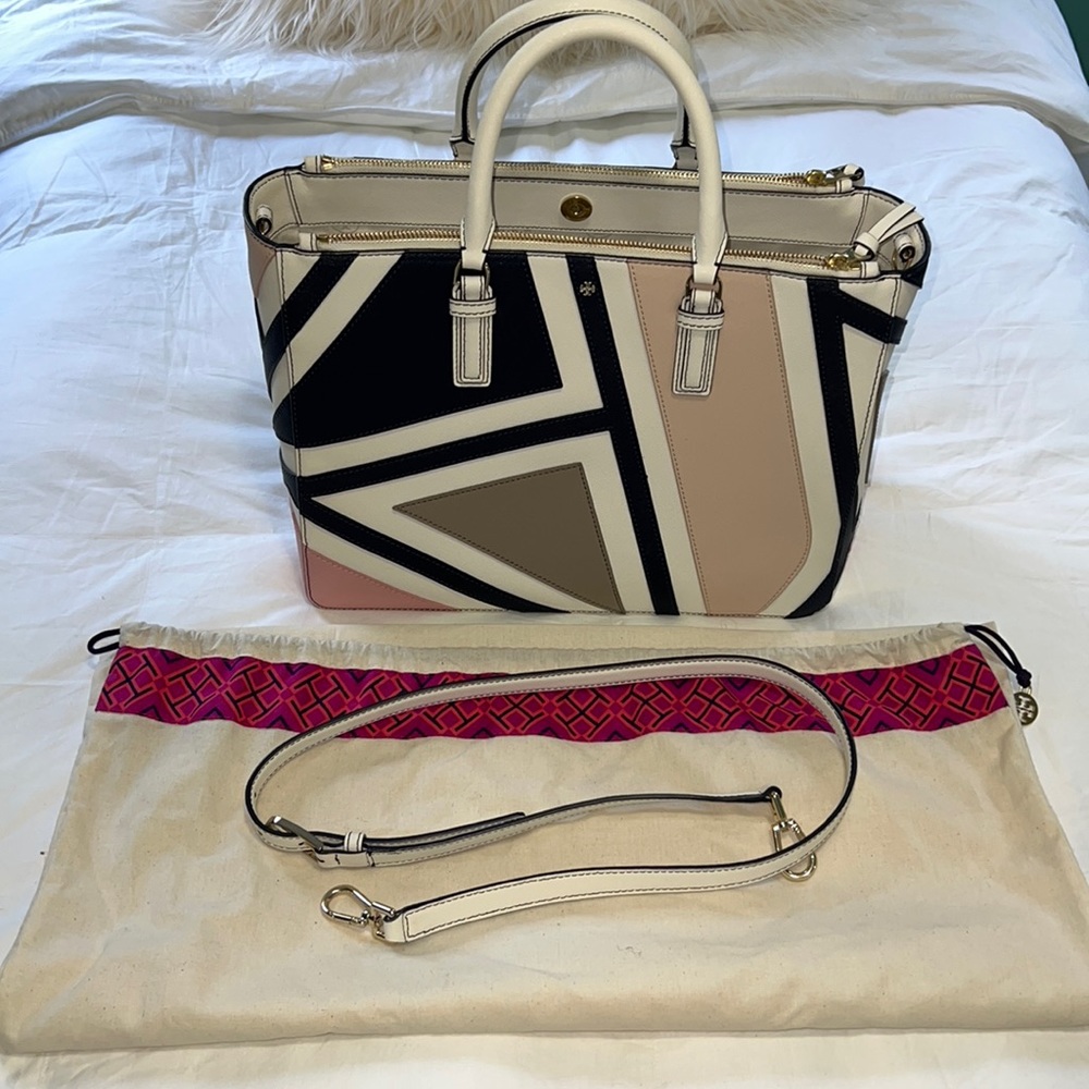 Tory Burch Robinson Fret-Patchwork Tote, Ivory Multi